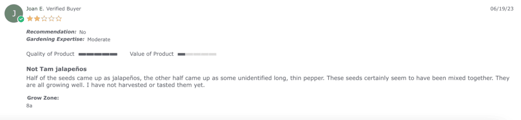 a screenshot of a review of Tam Jalepeños from the ferry morse website complaining that the peppers were not jalapeños