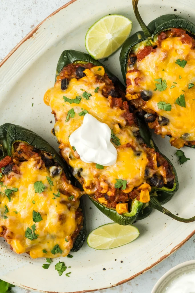 three cheesy stuffed pepper halves.