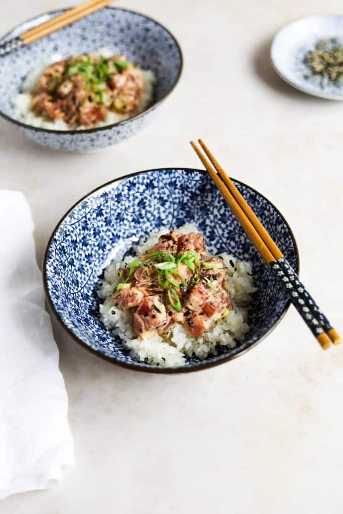 blue bowl with rice and tuna.