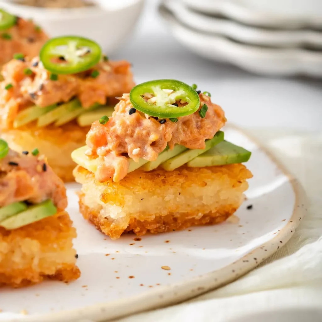 crispy rice topped with avocado, tuna, and jalapeno.