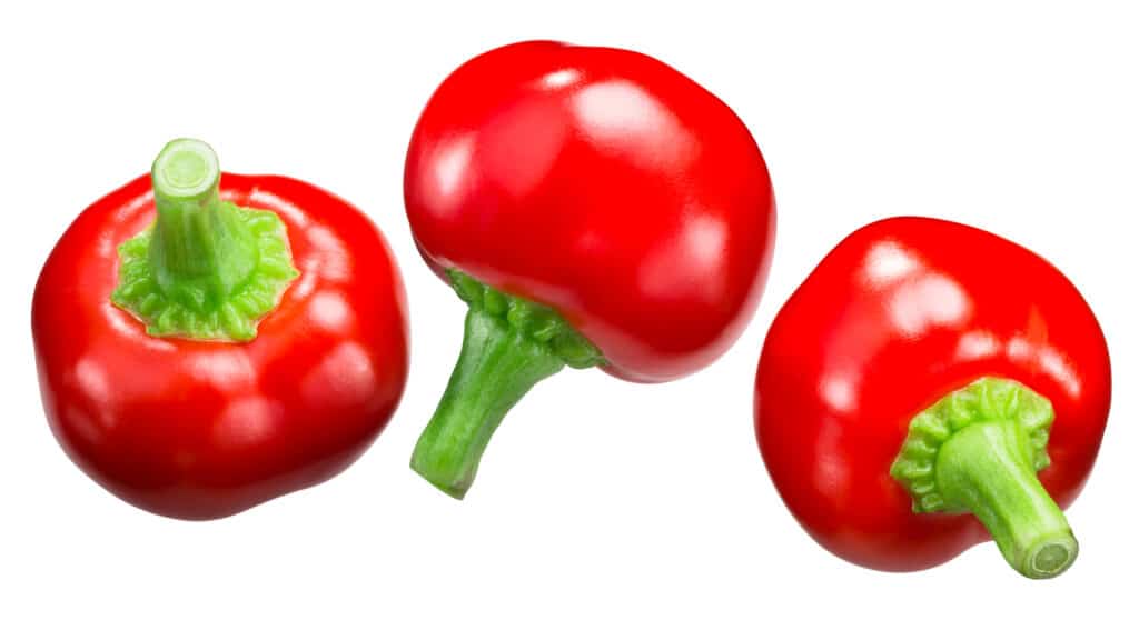 three red cherry peppers on a white background